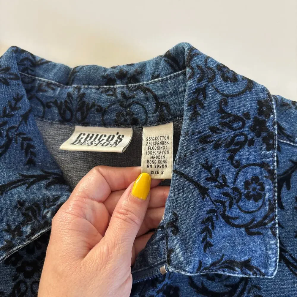 Vintage Chico’s Design Blue Denim Jacket Black Velvet Floral Damask Pattern Sz 2